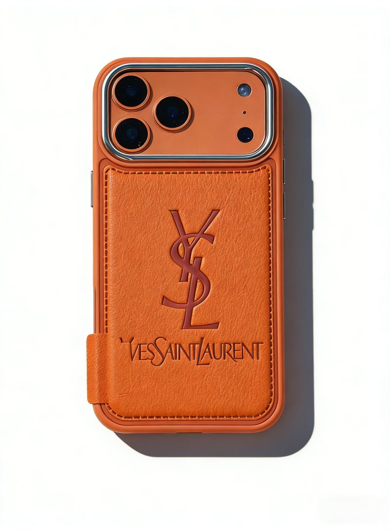 Saint Laurent YSL Orange Leather Protective Case with Card Slot for iPhone 16-17 Pro Max - Image 5